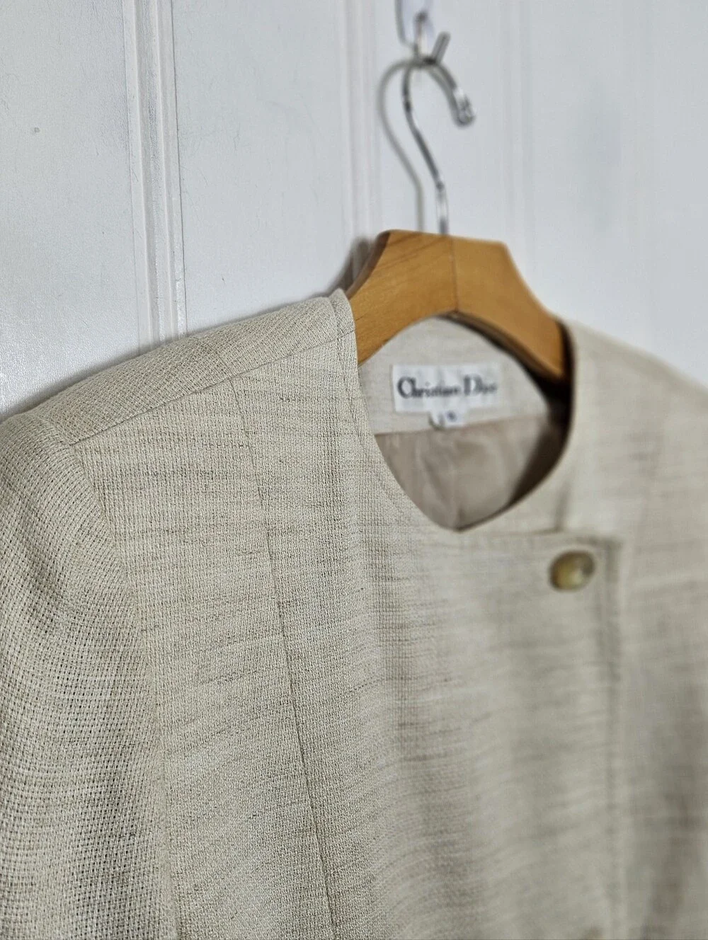 Vintage Christian Dior Jacket Sz 8 Cropped Double-Breasted Collarless Beige Tan